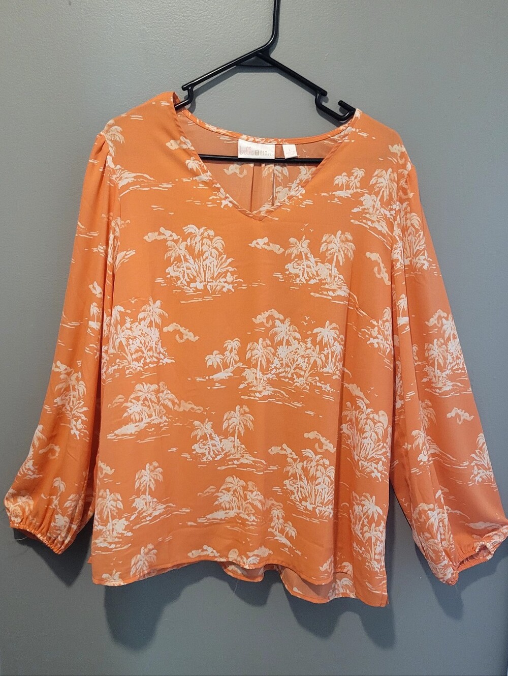 Belle by Kim Gravel  Coral Tropical Palm Tree Light Wt V-Neck Top Sz Lg
